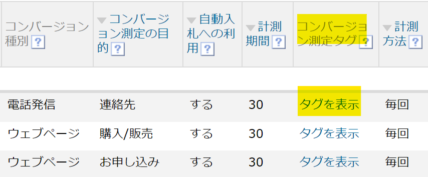 コンバージョン測定タグ